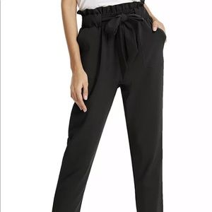 Cropped Paper Bag Waist Pants Pockets Black Bow